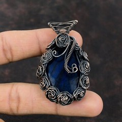 Blue Fire Labradorite Copper Gift For Mum Wire Wrapped Flower Pendant 2.56″
