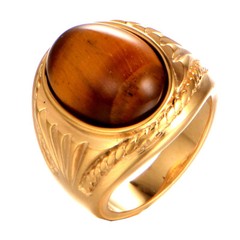 Deziloo Mens Stainless Steel Natural Oval Tiger Eye Gold Stone Ring Men 7-15