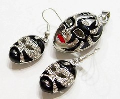 3 Black Silver Mardi Gras Enamel Crystal Pendant 39x20mm &Earring 24x16mm /Charm