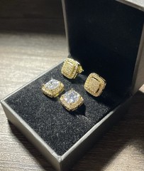Gold Plated Square Simulated Diamond Halo Stud Earrings. 2 Sets for one price!