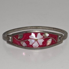 VTG Alpaca Silver Mexico Red Enamel Flower Mother of Pearl Hinged Cuff Bracelet