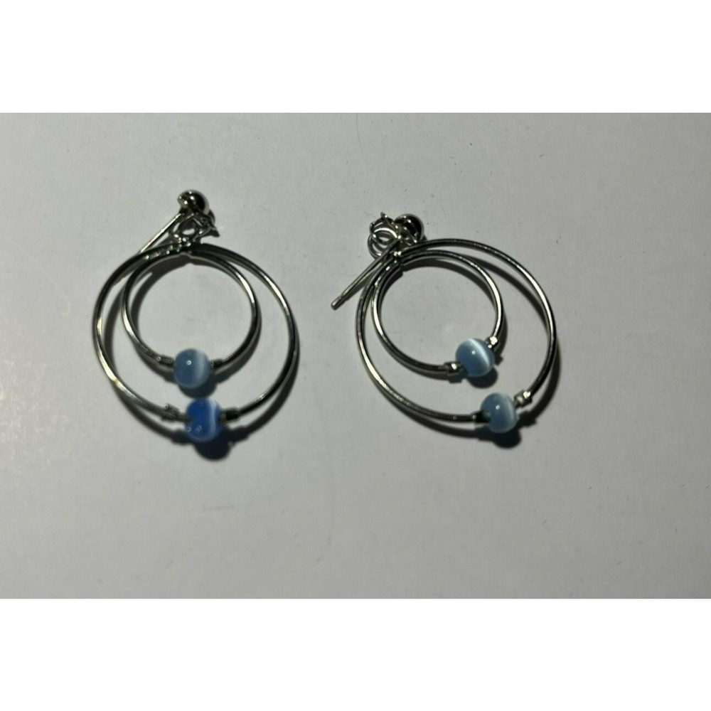Double Hoop Earrings with Blue and White Bead Silver Tone