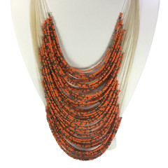 Orange Multi-Strand String Glass Resin Seed Beads Bib Statement Necklace 17″