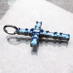Exqusite Cross Pendant Charm 925 Sterling Silver Aquamarine Cz 1.7 inch Gift