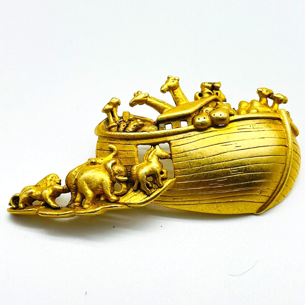 AJC Signed Noahs Ark Brooch Gold Tone Animals Boat Vintage Figural Pin Statement