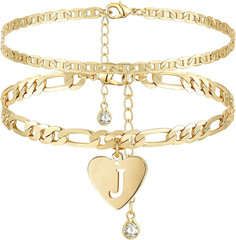 14k Gold Initial Ankle Bracelet for Women 10k Solid Gold Layered Figaro Anklets