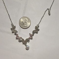 Silver Tone Butterfly Charm Pendant Necklace Pink Accents White Pearl Crystal
