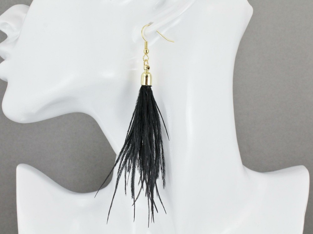 Black feather earrings dangle 4″ long lightweight shoulder duster tassel fringe