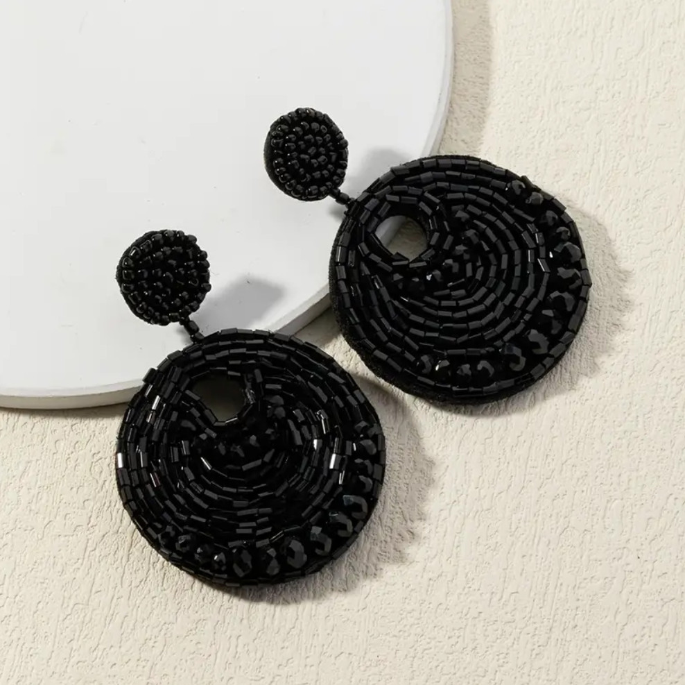 Black Round Beaded Crystal Drop Dangle Beaded Bead Earrings 4.9cmx6.8cm
