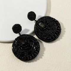 Black Round Beaded Crystal Drop Dangle Beaded Bead Earrings 4.9cmx6.8cm