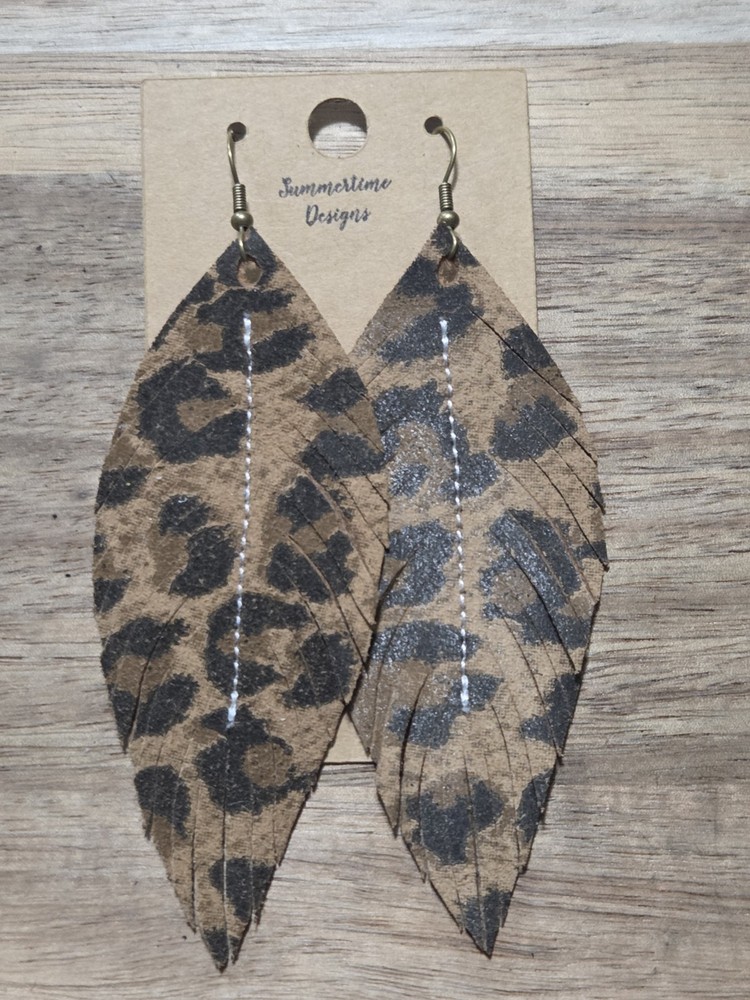 Handmade GENUINE Leather Feather Earrings Leopard on Tan Suede 3″