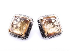 UNIQUE Chunky Antique Silver Cable Filigree Gold Brown Crystal Square Earrings