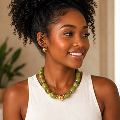 Mchic Green Acrylic Beaded Statement Necklace 17in Adjustable Gold Tone