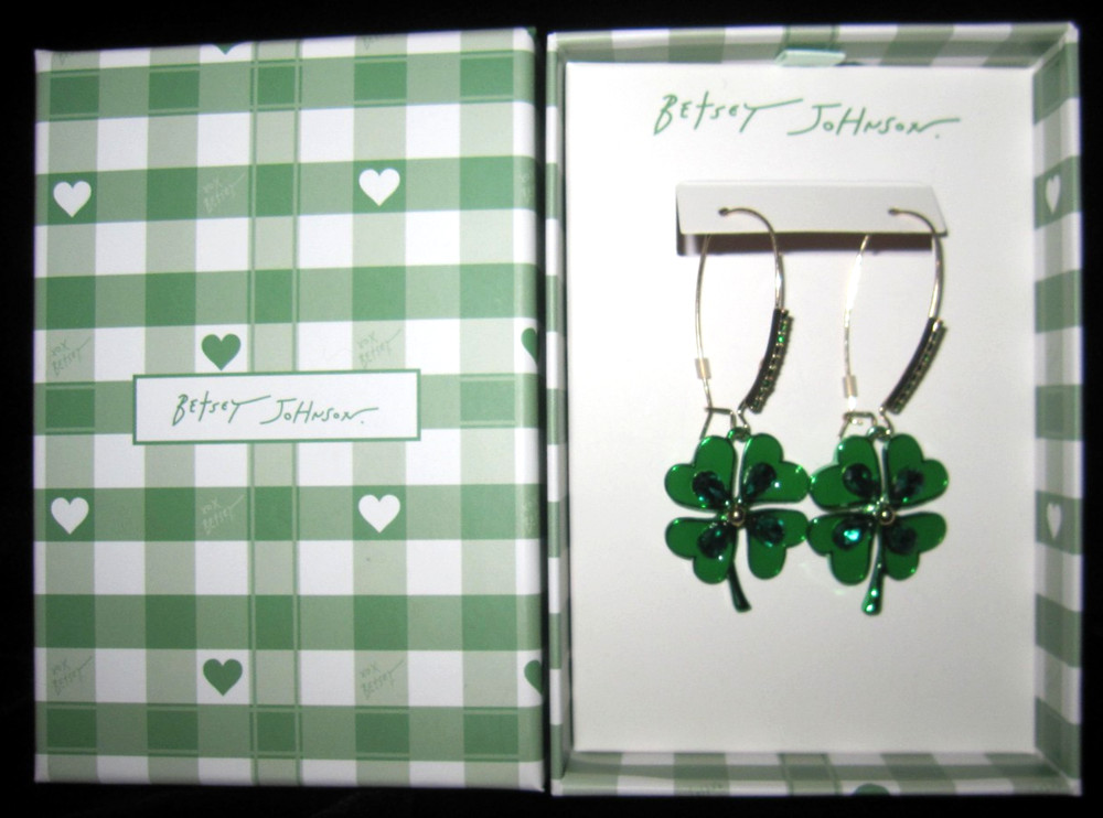 BETSEY JOHNSON Green Clover Leaf Large Dangle Earrings With Bling