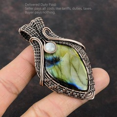Copper Oval Labradorite Gemstone Rainbow Moonstone Artisan Wire Wrapped Pendant