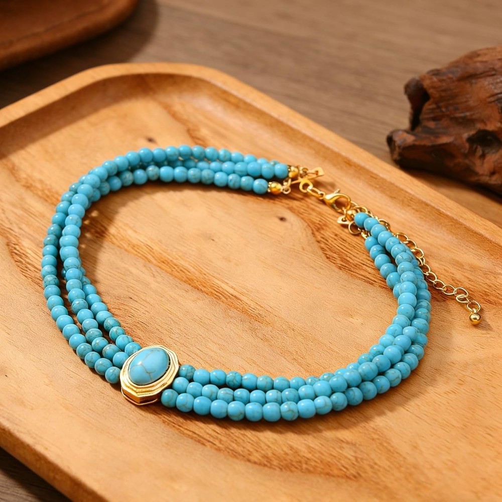 Turquoise Choker Necklace Women 3 Layers Multi Strand Bib Pendant 20s Style
