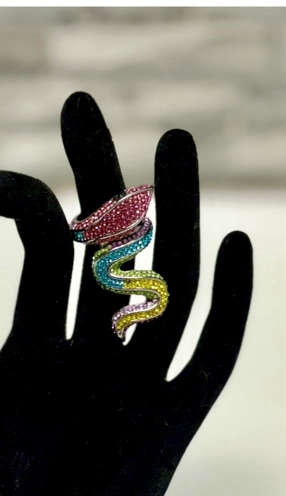 Multi-Color Rhinestone Pave Crystal Serpent Coil Wrap Statement Ring. Size 7.5.