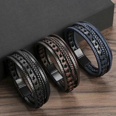 1pc Men’s Multilayer Leather Rope Bracelet Alloy Magnetic Buckle Bangle – NEW