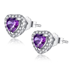 Sterling Silver 1.0 cttw Simulated Amethyst Heart Shaped Stud Earrings