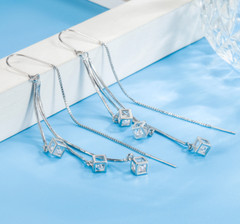 925 Silver Plated Square CZ Ear Chain Thread Pull Through Threader Earrings TH5