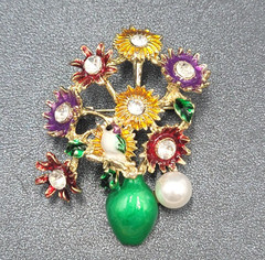 Crystal Rhinestone Flower Bouquet Brooch Pendant Green Enamel Multicolor 2.25″