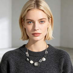 Short Bib Choker Hand Enamel Black White Geometric Alloy Rhodium Plated Necklace