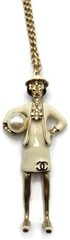 Chanel B12A Coco Mademoiselle Figurine Pendant Necklace Gold Tone Faux Pearl