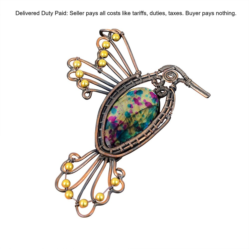 Natural Multi Fire Labradorite Copper Christmas Handmade Bird Daughter Pendant