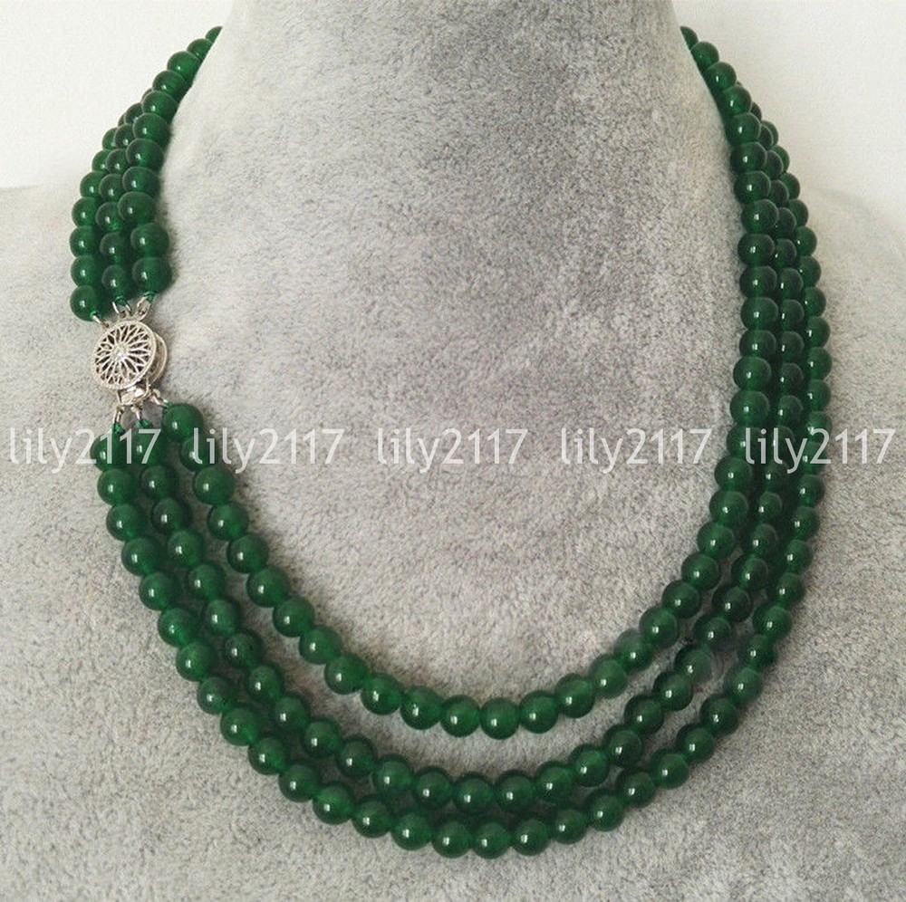 3 Rows 6/8/10mm Natural Green Jade Round Gemstone Beads Necklace 17-19”