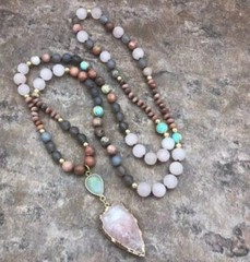 Rose Quartz Knotted Gemstone Mala Beaded Healing Bohemian Women Long Necklace