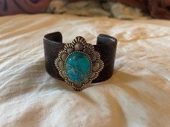 Barse Thailand, turquoise leather womens bracelet vintage gold tone