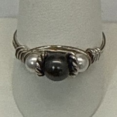 Wire Wrapped Statement Ring Dark Gray & White Faux Pearl Beads Silver Tone