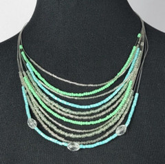 Silver-Tone Multi Layer Green Blue Beaded Layered Wire Necklace 21″