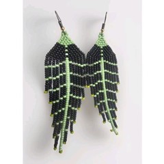 BEADED BLACK WITH GREEN DROP/DANGLE EARRINGS. LONG 3.5 IN
