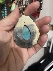 German silver Pendant Charm Turquoise Blue Stone Yellow Accents Bezel