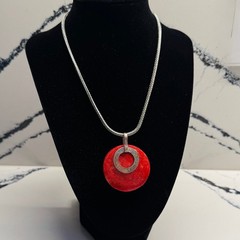 Statement Red Resin Circle Pendant Necklace Silver Tone Snake Chain Modernist