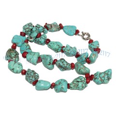 Natural Red Coral Chip 10-15mm Irregular Turquoise Gems Pendant Necklace 18”