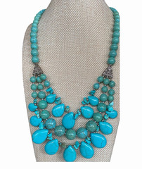 Beaded Multi-Strand Teardrop Faux Stone Statement Necklace w/ Earrings