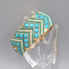 Wide Blue Green Panel Bangle Bracelet Gold tone Elastic 7″ x 1.25″