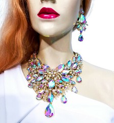 Breastshield Bib Necklace Earring Set Rhinestone AB