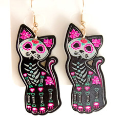 2-SIDED GLOW SUGAR SKULL SKELETON BLACK CAT DAY OF THE DEAD HALLOWEEN EARRINGS