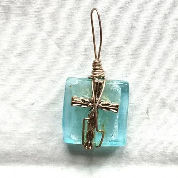 Handmade Cross Pendant Blue Silver 1” x 1.5” No Chain Religious Jewelry