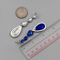 Women Rhodium Plated Blue Crystal Rhinestone Tassel Drop Dangle Earrings 06600