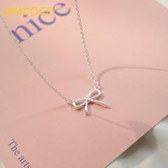 Silver bowknot pendant necklace, delicate unique design fashion jewelry gift