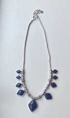 Silver Tone Snake Chain Necklace, Navy Blue Geometric Pendant, Lobster Clasp