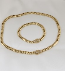 Women Men 14K Gold Plated Cz Cuban Choker Chain Necklace And Bracelet Set