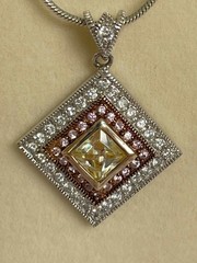 Tri-Tone Canary Yellow Princess CZ Double Halo Pendant Necklace Pink White 15″+