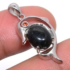 Copper Black Turquoise & Garnet Silver Handmade Dolphin Pendant 1.18″ T8614