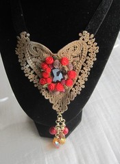 Lace Heart Choker with Flowers & Drop Pendant Tassel with Beads 17+ in.