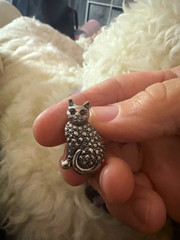 Silver Tone Cat Brooch Pin, Clear Round Pavé Rhinestones, Hinged Back